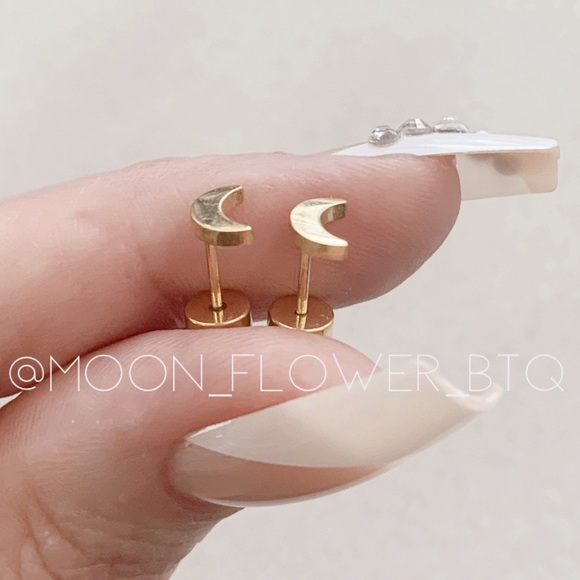 Tiny Gold Crescent Moon Flat Back Stud Earrings – 18k GP Surgical Steel - Picture 5 of 7